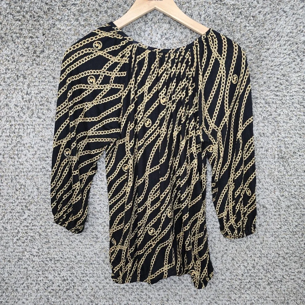 Michael Kors Top Womens Small Black Chain Print Scoop Neck Peasant Blouse Ladies
